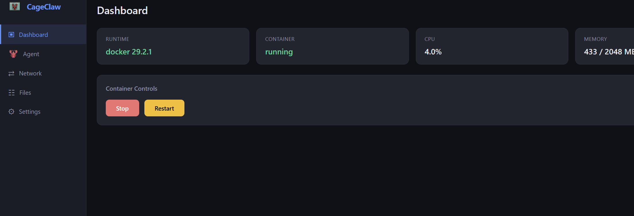 CageClaw dashboard — container status and controls