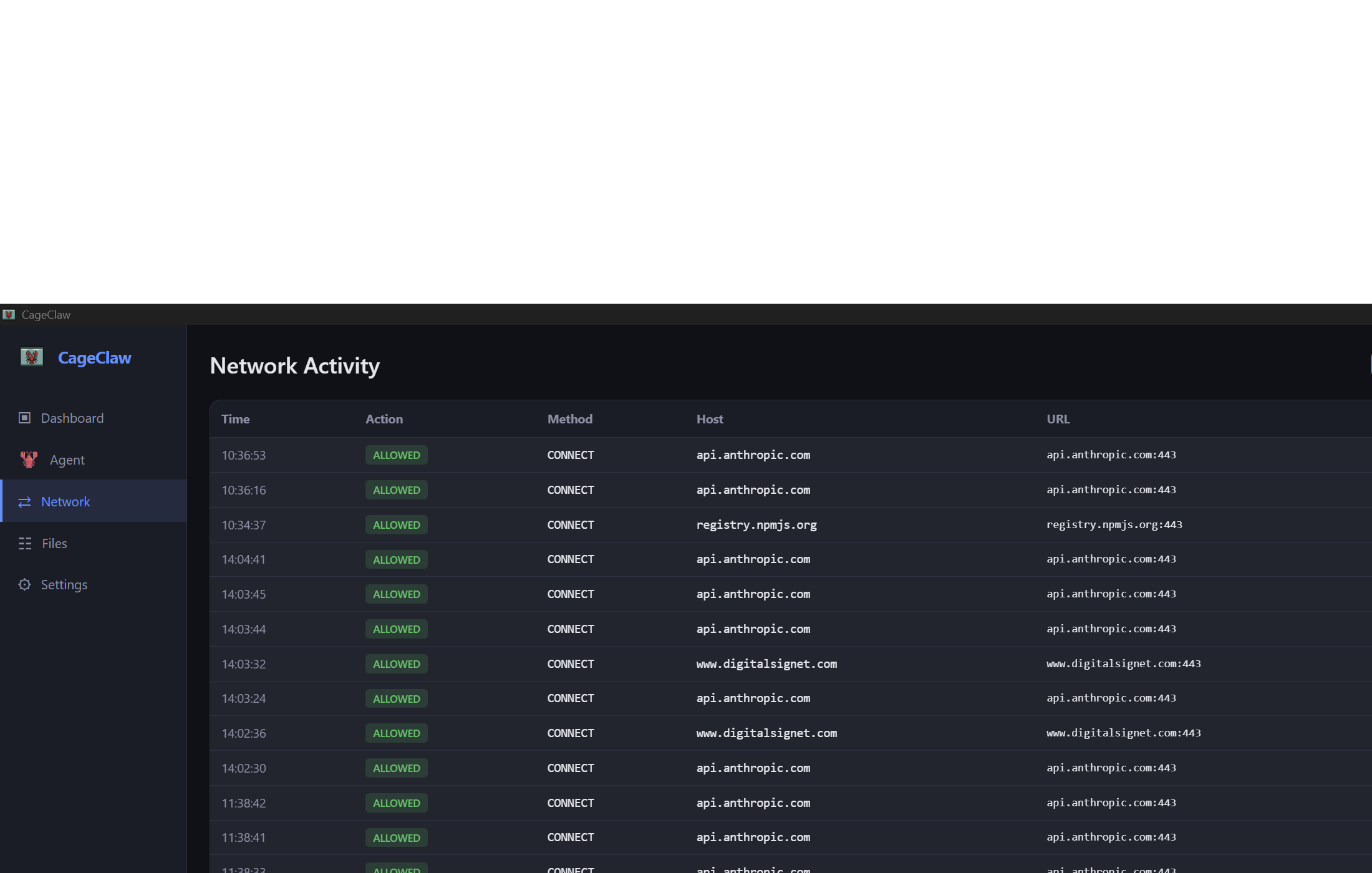 CageClaw network activity — every request logged, allowed or blocked