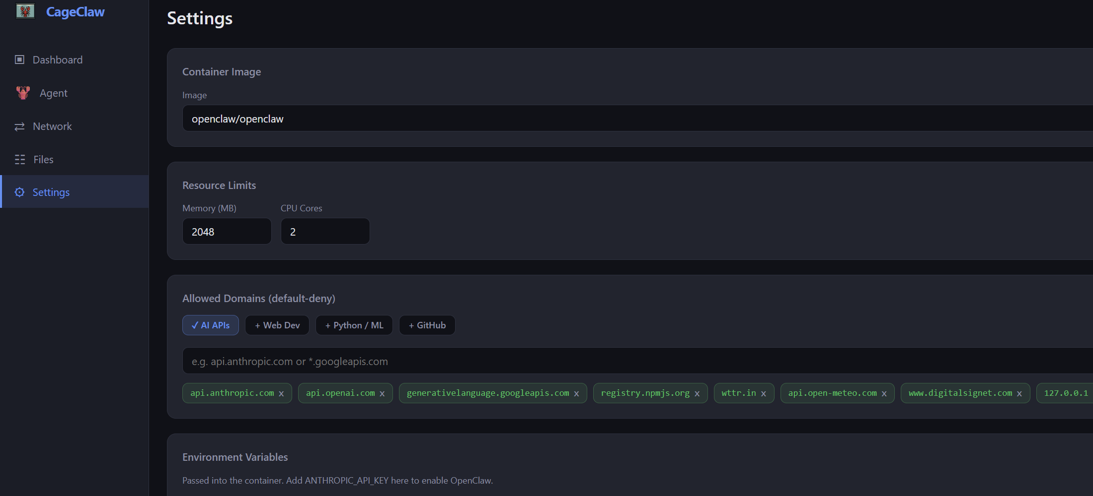 CageClaw settings — domain allowlist with preset groups